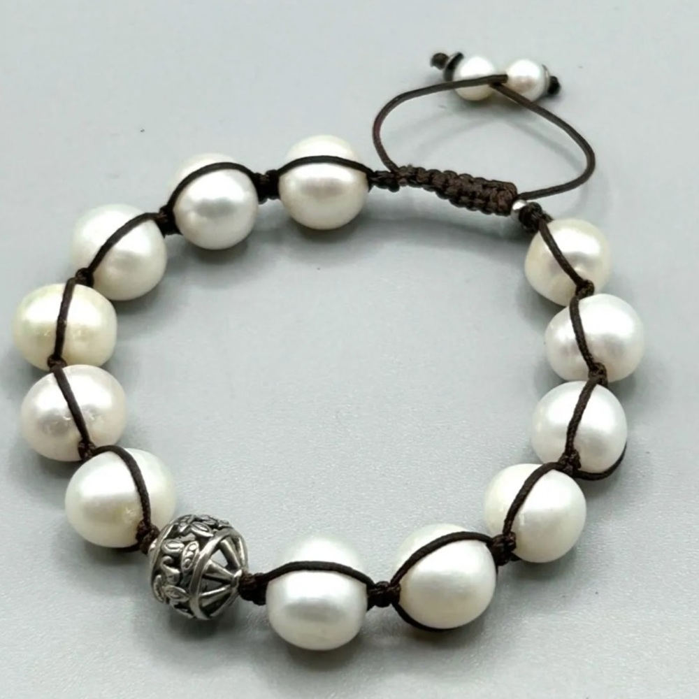 Silpada Vintage Sterling Silver & Genuine Large Pearls Brown Corded Bracelet